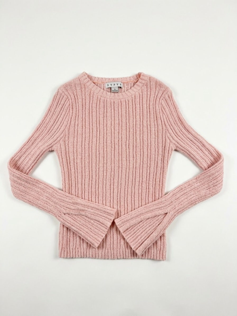 HYFVE Pink Ribbed Knit Long Sleeve Sweater | Bell Split Sleeves - Small